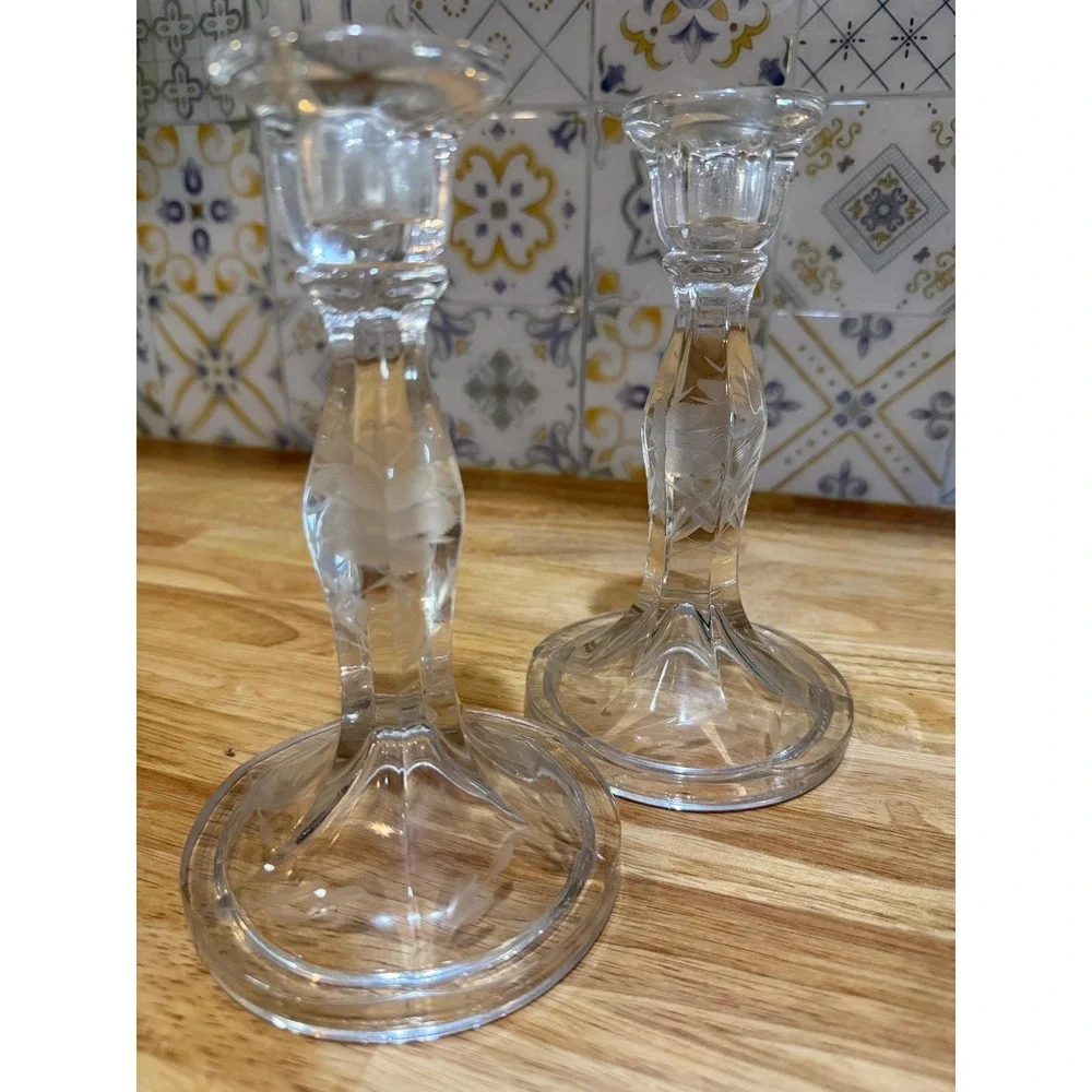 Vintage Etched Crystal Glass Candlestick Holders Pair Floral Wheat Pattern 7in